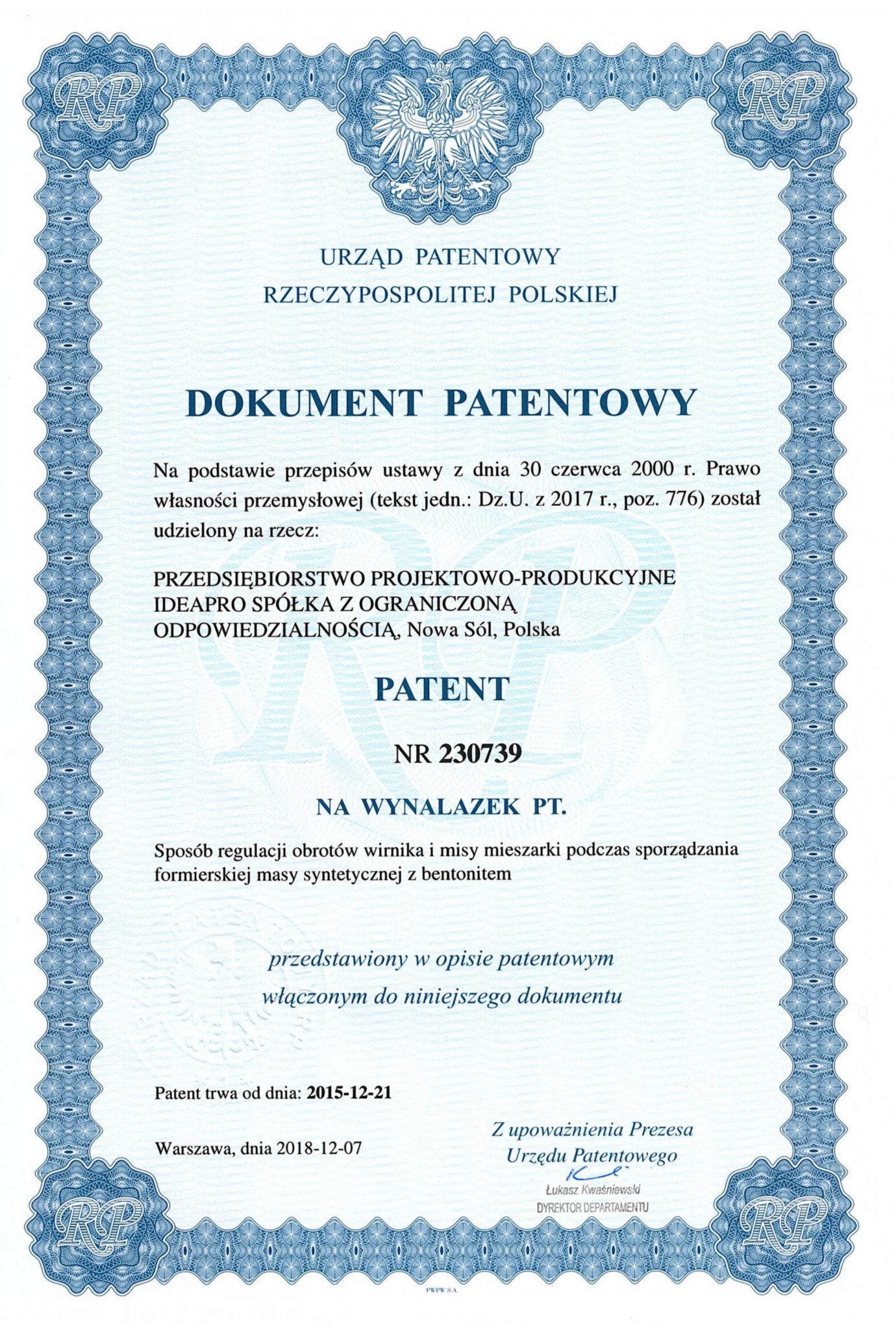 Patent 230739_ Sposób regulacji obrotów wirnika i misy mieszarki